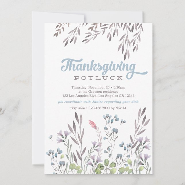 Watercolor Nature Thanksgiving Potluck Invitation (Front)