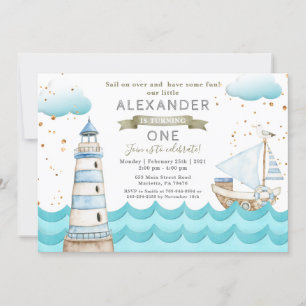 Watercolor Nautical 1st Birthday Party Invitation