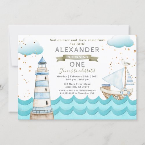 Watercolor Nautical 1st Birthday Party Invitation