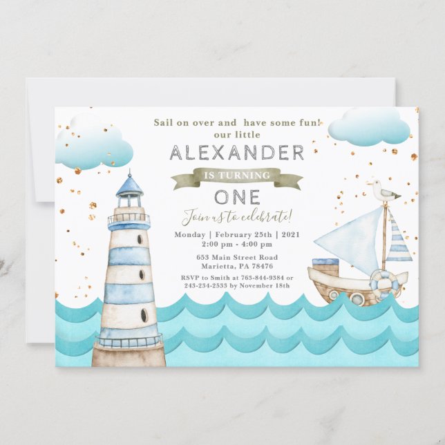 Watercolor Nautical 1st Birthday Party Invitation (Front)
