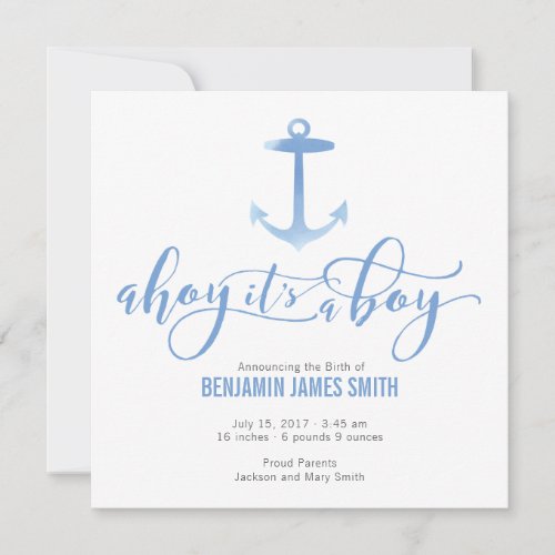 Watercolor Nautical Anchor Baby Boy Announcement