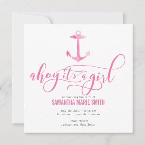 Watercolor Nautical Anchor Baby Girl Announcement