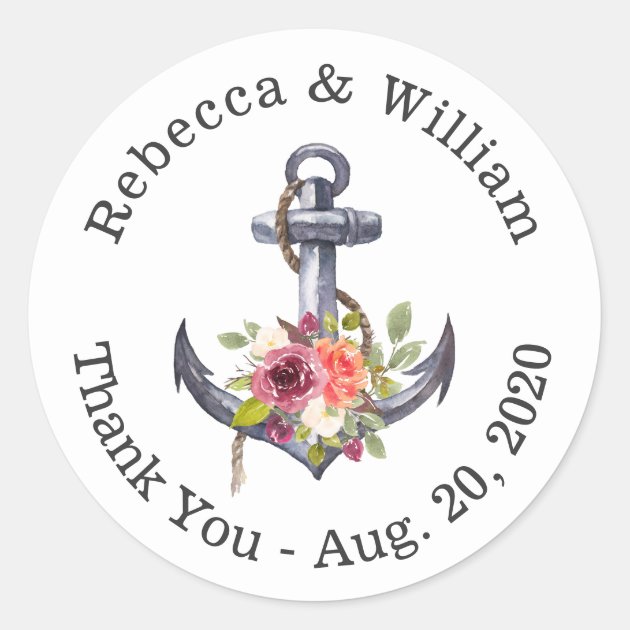 Watercolor Nautical Anchor Floral Thank You Classic Round Sticker