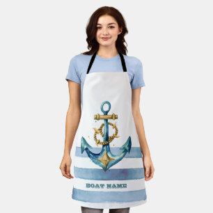Watercolor Nautical Anchor Light Blue Stripes Apron