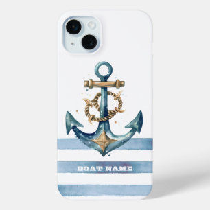 Watercolor Nautical Anchor Light Blue Stripes iPhone 15 Plus Case