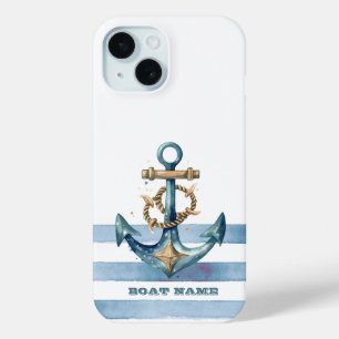 Watercolor Nautical Anchor Light Blue Stripes iPhone 15 Case