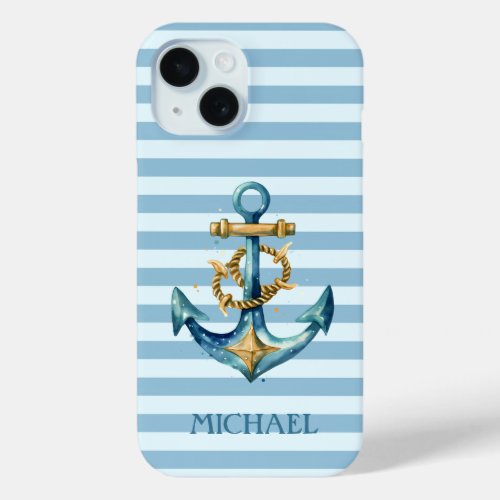 Watercolor Nautical Anchor Light Blue  Stripes iPhone 15 Case
