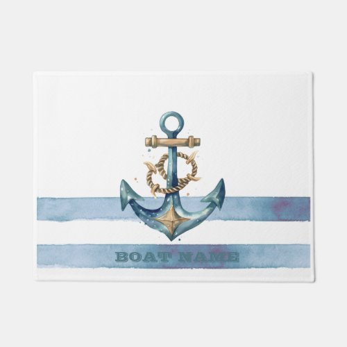 Watercolor Nautical Anchor Light Blue Stripes Doormat