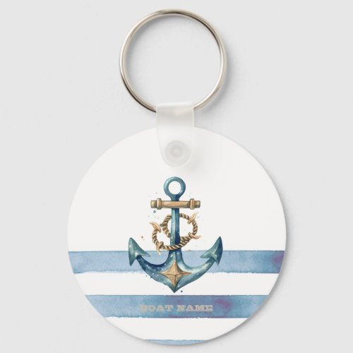 Watercolor Nautical Anchor Light Blue Stripes Keychain