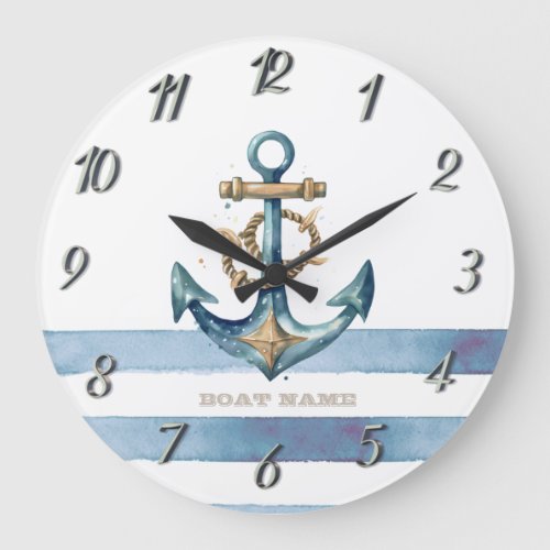 Watercolor Nautical Anchor Light Blue Stripes Large Clock