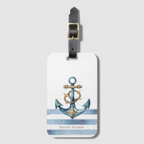 Watercolor Nautical Anchor Light Blue Stripes Luggage Tag