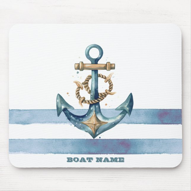 Watercolor Nautical Anchor Light Blue Stripes Mouse Pad (Front)
