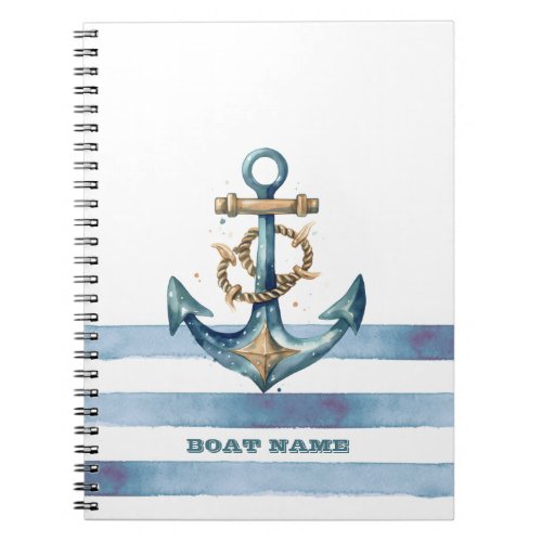 Watercolor Nautical Anchor Light Blue Stripes Notebook