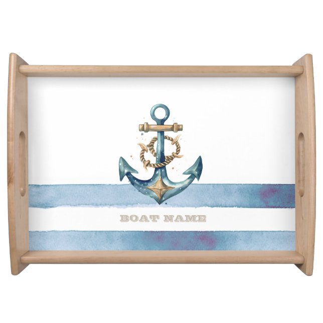 Watercolor Nautical Anchor Light Blue Stripes Serving Tray (Front)