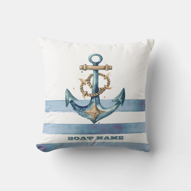 Watercolor Nautical Anchor Light Blue Stripes Throw Pillow (Front)