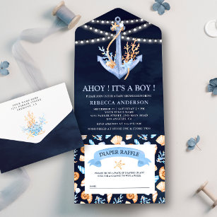 Watercolor Nautical Anchor Navy Blue Baby Shower All In One Invitation