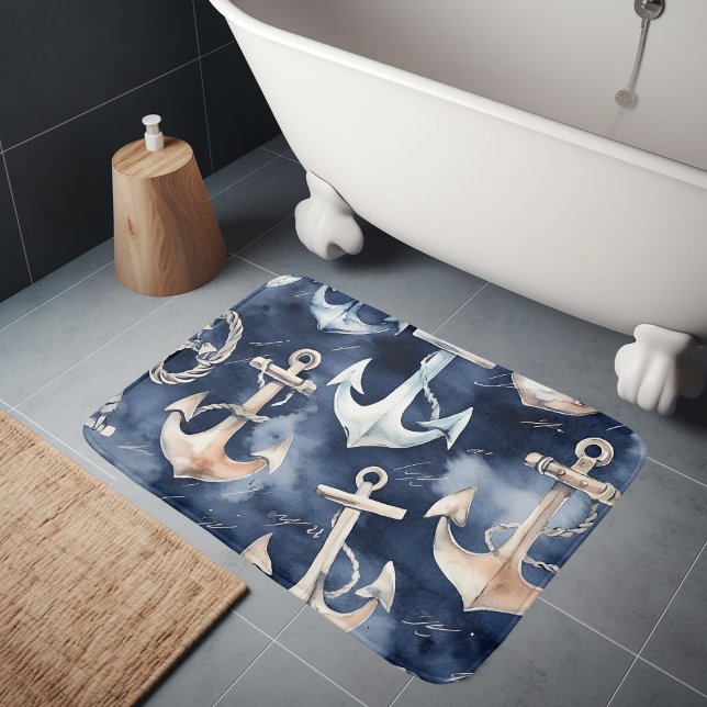 Watercolor Nautical Anchor Ocean Navy Bath Mat (Creator Uploaded)