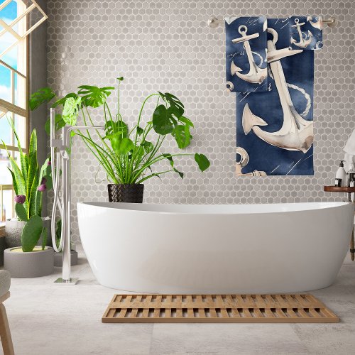 Watercolor Nautical Anchor Ocean Navy Bath Towel Set