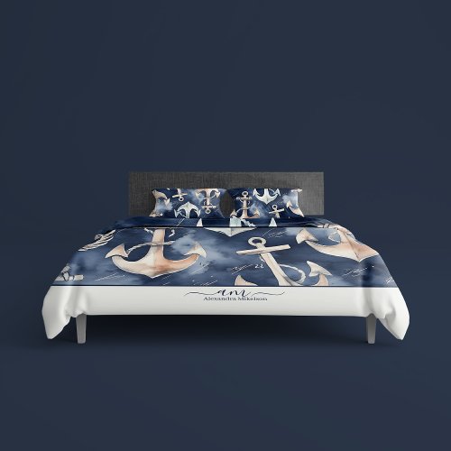 Watercolor Nautical Anchor Ocean Navy Duvet Cover