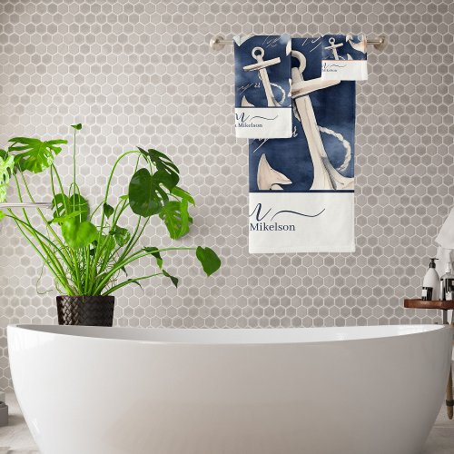 Watercolor Nautical Anchor Ocean Navy Monogram Bath Towel Set