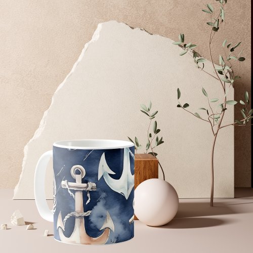 Watercolor Nautical Anchor Ocean Navy Monogram Coffee Mug