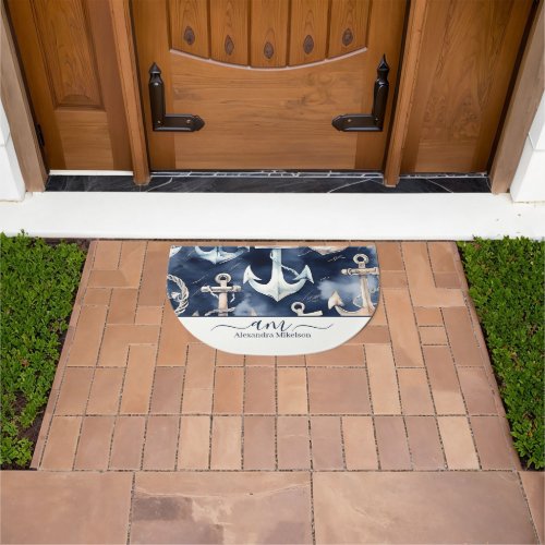 Watercolor Nautical Anchor Ocean Navy Monogram Doormat