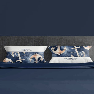 Watercolor Nautical Anchor Ocean Navy monogram Pillow Case