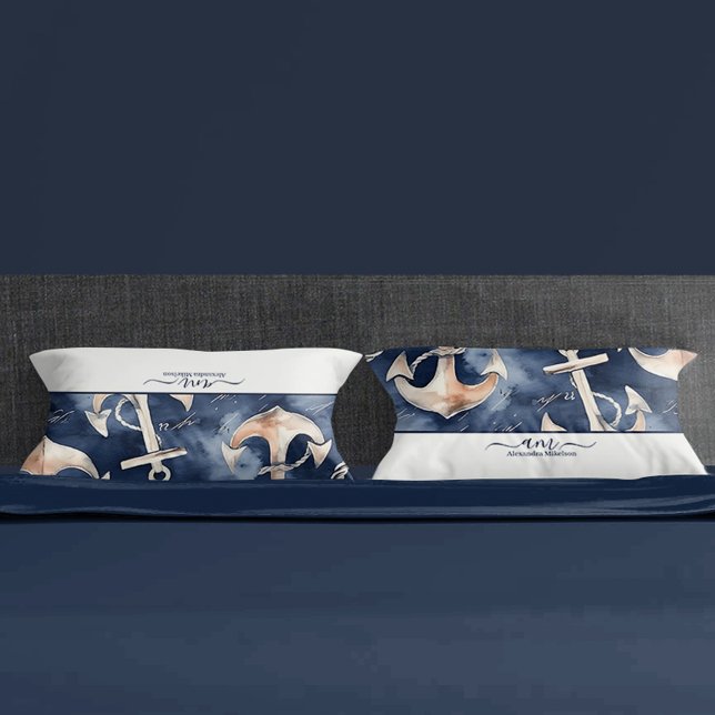 Watercolor Nautical Anchor Ocean Navy monogram Pillow Case (Creator Uploaded)