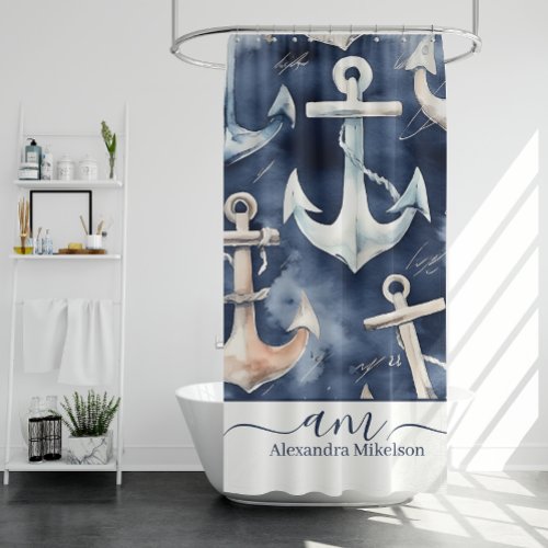 Watercolor Nautical Anchor Ocean Navy Monogram Shower Curtain