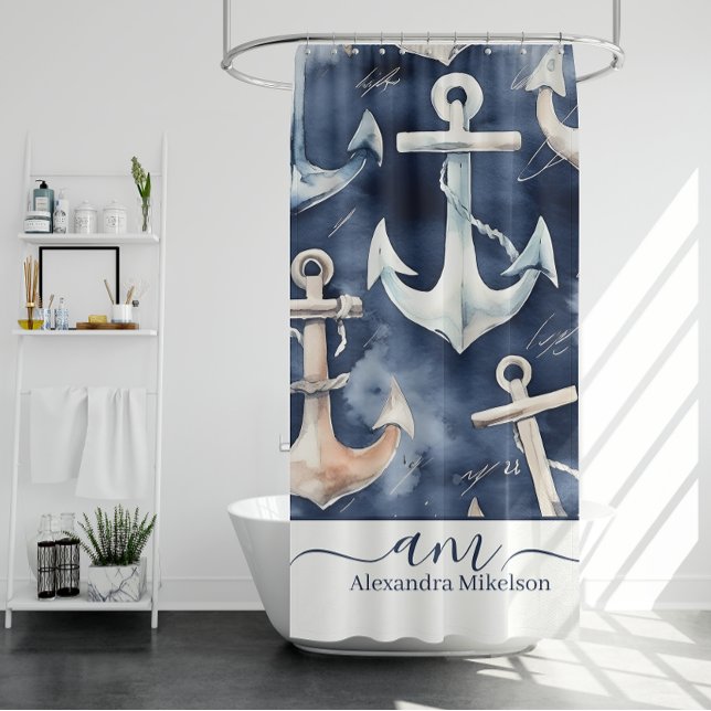 Watercolor Nautical Anchor Ocean Navy Monogram Shower Curtain (Creator Uploaded)
