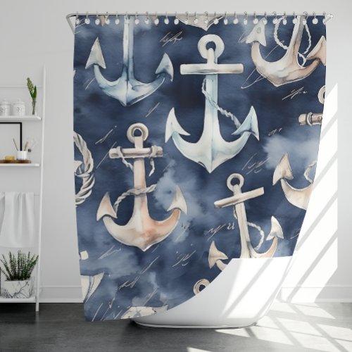 Watercolor Nautical Anchor Ocean Navy Shower Curtain