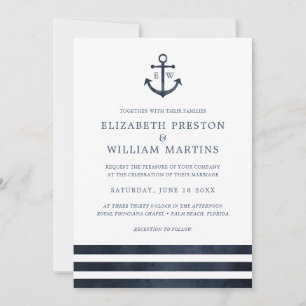 Watercolor Nautical Anchor Stripes Ocean Wedding Invitation