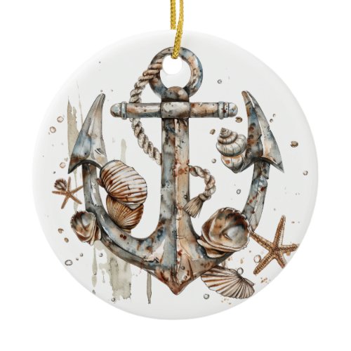 WATERCOLOR NAUTICAL ANCHOR WITH SEASHELLS CERAMIC ORNAMENT