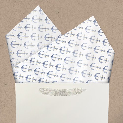Watercolor Nautical Anchors Pattern Blue  Gold Tissue Paper