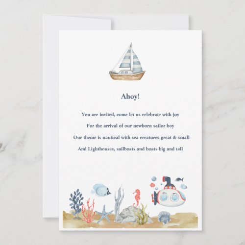 Watercolor Nautical Baby Boy Invitation