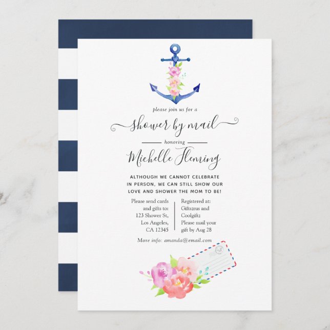 Watercolor Nautical Baby Shower by Mail Invitation (Front/Back)