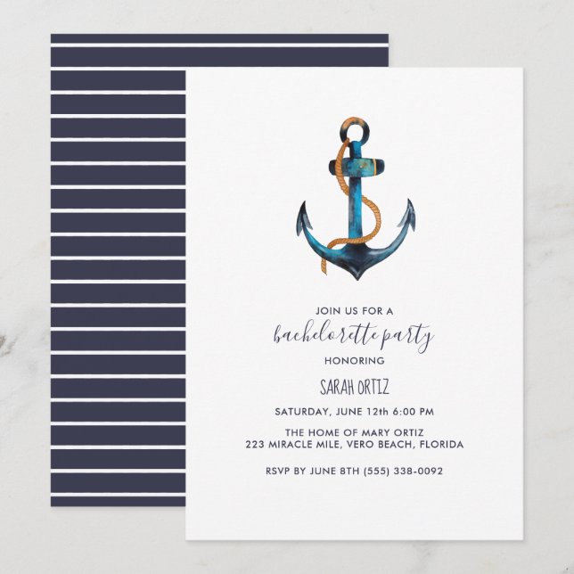 Watercolor Nautical Bachelorette Party Invitation (Front/Back)