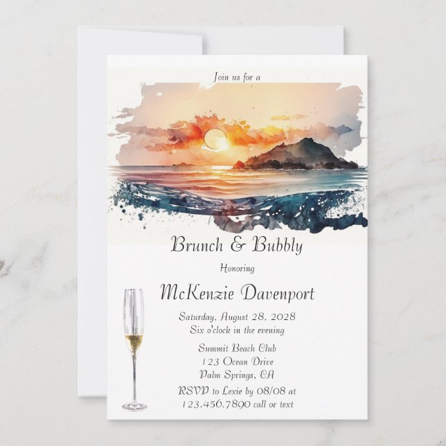 Watercolor Nautical Beach Scene Brunch & Bubbly Invitation (Front)