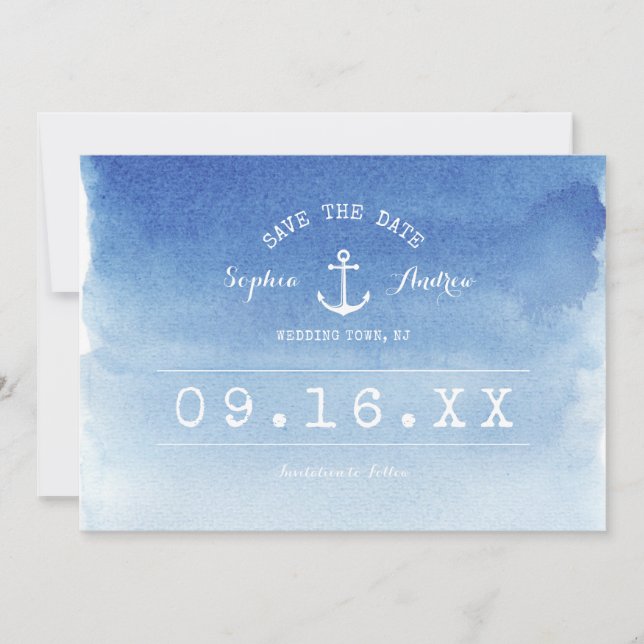 Watercolor nautical beach wedding save the date (Front)