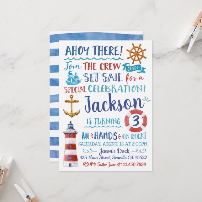 Watercolor Nautical Birthday Invitation (Front/Back In Situ)