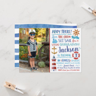 Watercolor Nautical Birthday Invitation with Photo