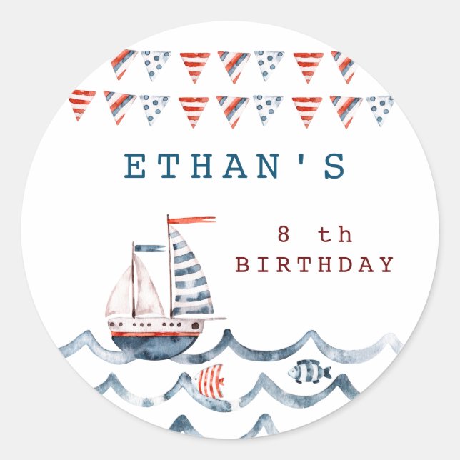 Watercolor nautical birthday party classic round sticker (Front)
