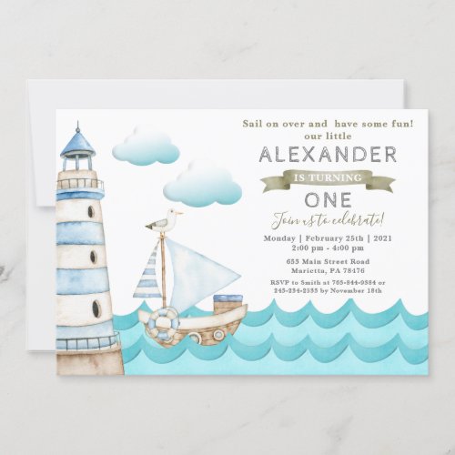 Watercolor Nautical Birthday Party Invitation