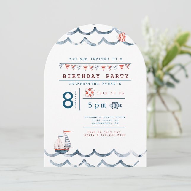 Watercolor Nautical Birthday Party Invitation (Standing Front)