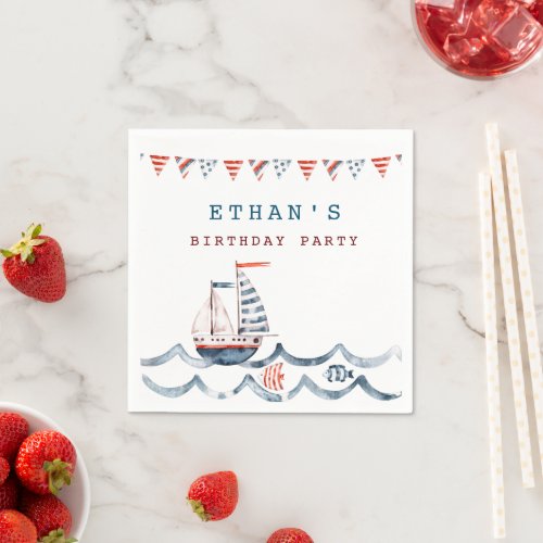 Watercolor nautical birthday party monogram napkins