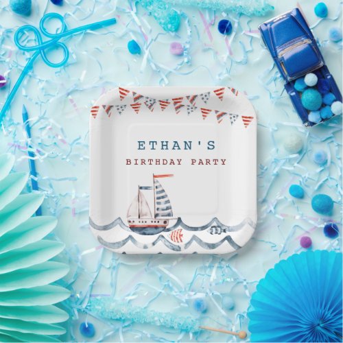 Watercolor Nautical Birthday Party Monogram Paper Plates