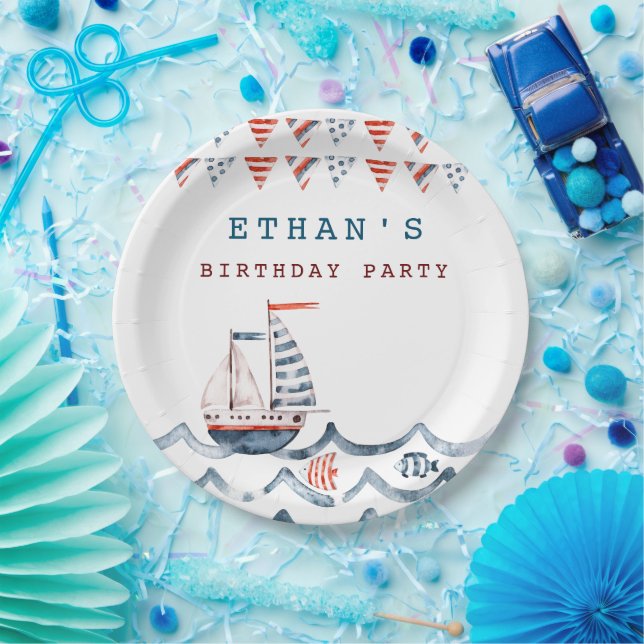 Watercolor nautical birthday party monogram paper plates (Party)