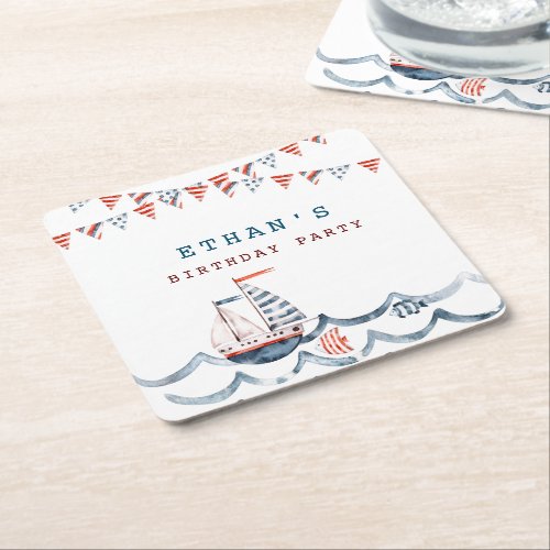 Watercolor Nautical Birthday Party Monogram Square Paper Coaster