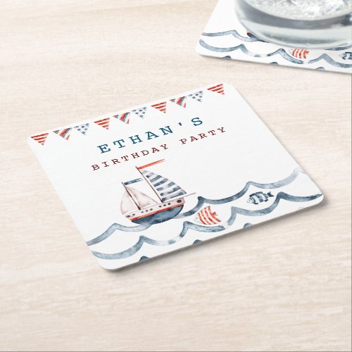 Watercolor nautical birthday party monogram square paper coaster