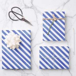 Watercolor Nautical Blue and White Stripes Wrapping Paper Sheets